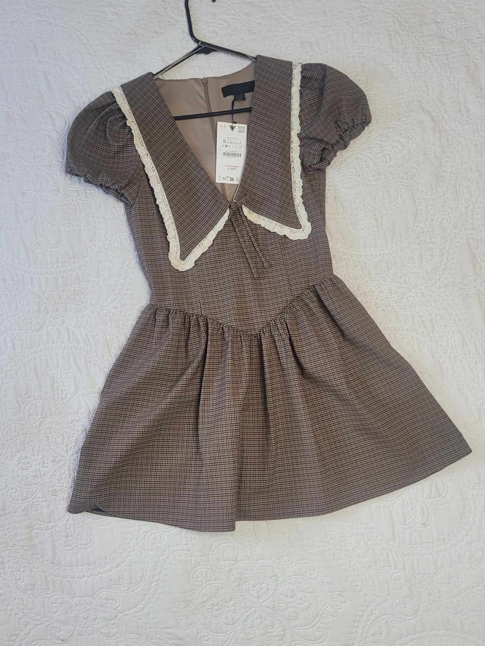 Zara Plaid Peter Pan Collar Lace Mini Dress Brown NWT S